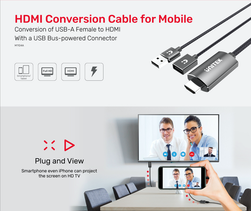 UNITEK HDMI 1m Conversion Cable for Mobile Devices. Convert USB-A to HDMI. Compa
