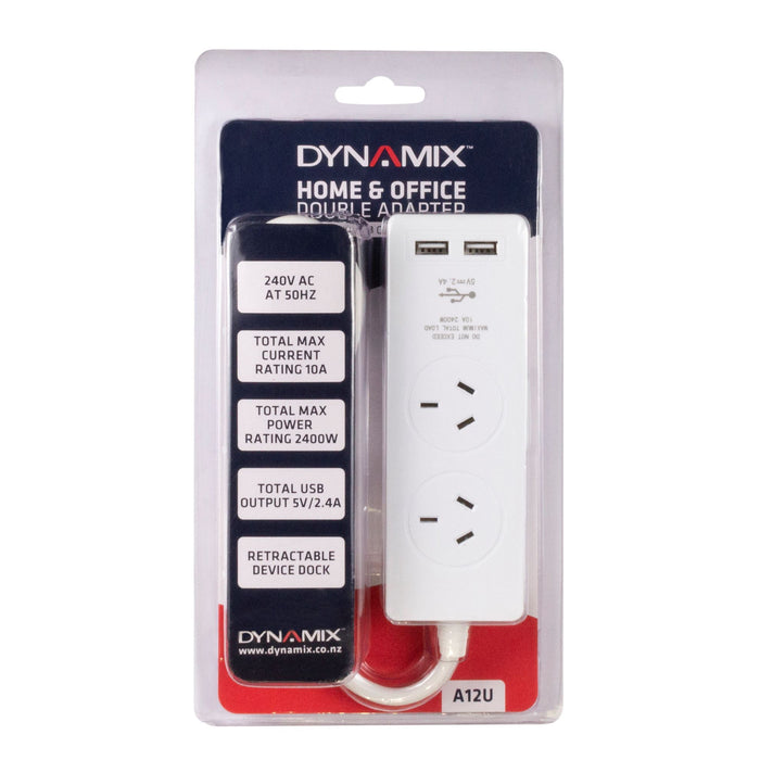 DYNAMIX 2-way Powerboard with 2x USB 2.4A Rapid Charging Ports. Includes Built