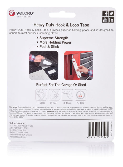 VELCRO Brand 50mm x 100mm Heavy Duty 2 Pack Hook & Loop Tape. Designed for Super