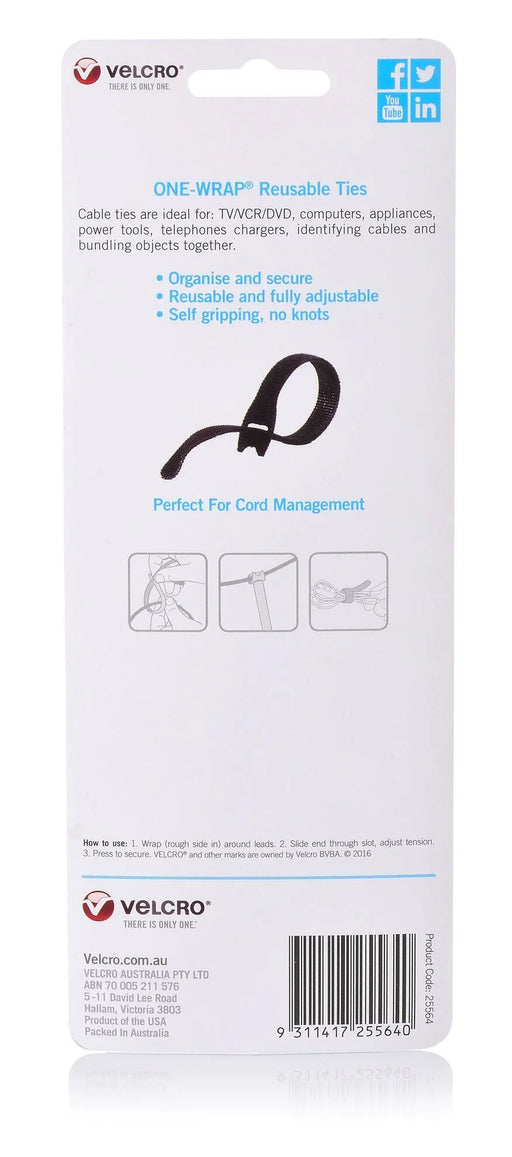 VELCRO Brand 25mm x 200mm ONE-WRAP Reusable Hook & Loop 5 Pack Cable Ties. Self - LX2001 - Homewares, Outdoor, Phone Accessories, Cases, Speakers, Headphones + More -