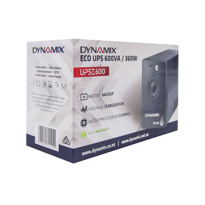 DYNAMIX ECO Range 600VA (360W) Line Interactive UPS. 2x NZ Power Sockets with Ba