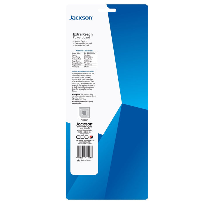 JACKSON 4-Way Powerboard with Surge & Overload Protection. 3m Power cord