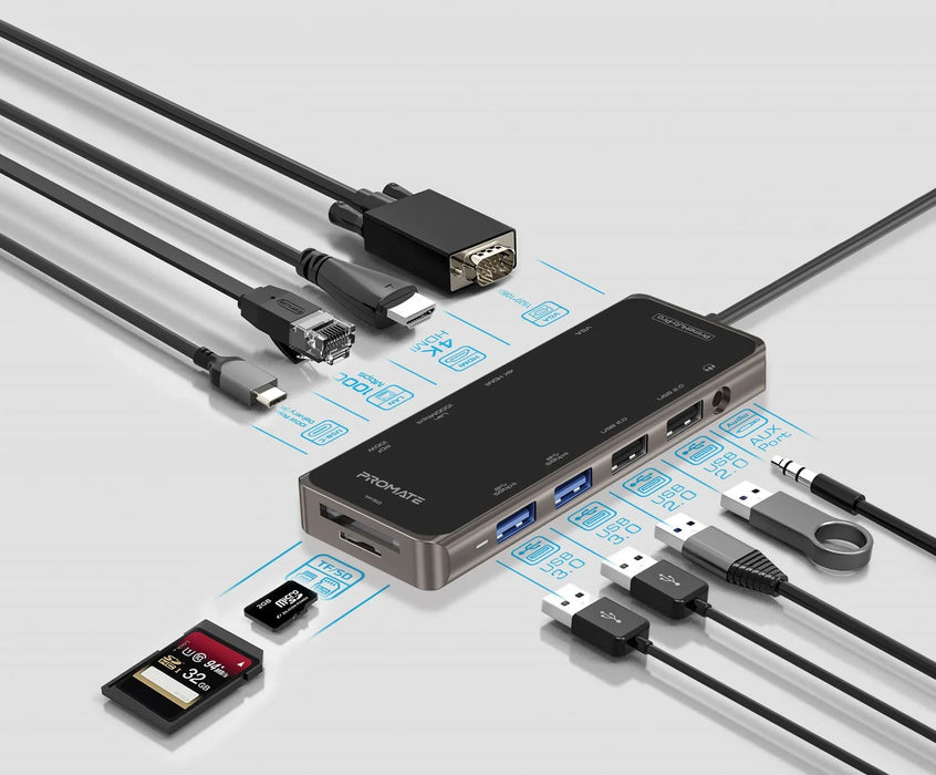 PROMATE 11-in-1 USB Multi-Port Hub with USB-C Connector. Includes 100W PD, Dual - LX2001 - Homewares, Outdoor, Phone Accessories, Cases, Speakers, Headphones + More -
