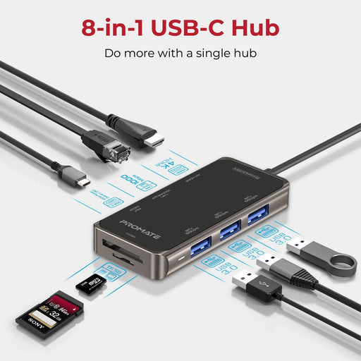 PROMATE 8-in-1 USB Multi-Port Hub with USB-C Connector. Includes 100W PD, 4K HDM - LX2001 - Homewares, Outdoor, Phone Accessories, Cases, Speakers, Headphones + More -