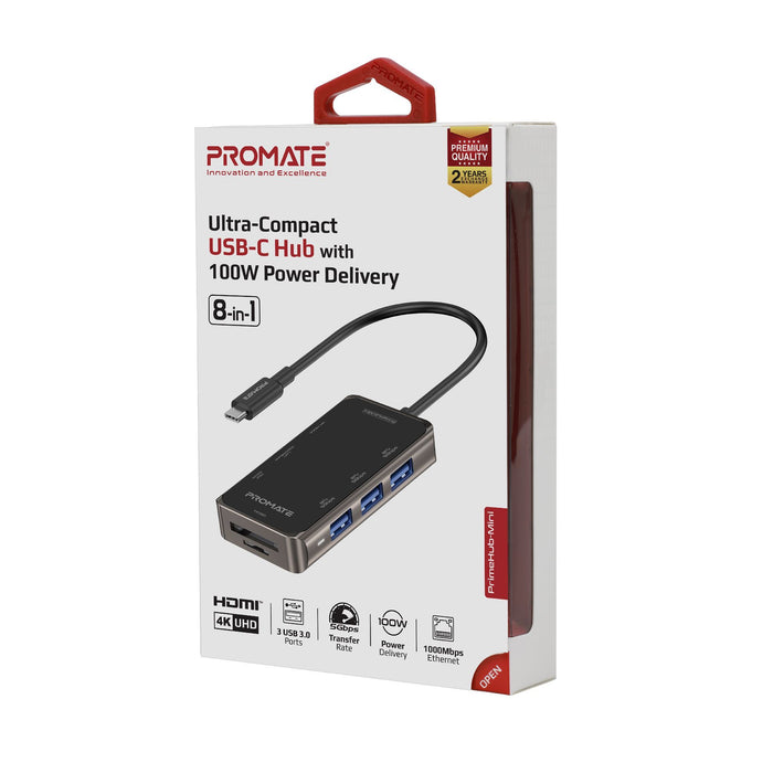 PROMATE 8-in-1 USB Multi-Port Hub with USB-C Connector. Includes 100W PD, 4K HDM