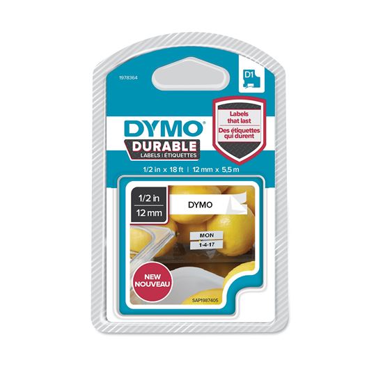 DYMO Genuine D1 Extra-Strength Durable Labels. 12mm x 5.5m Black on White. Stron