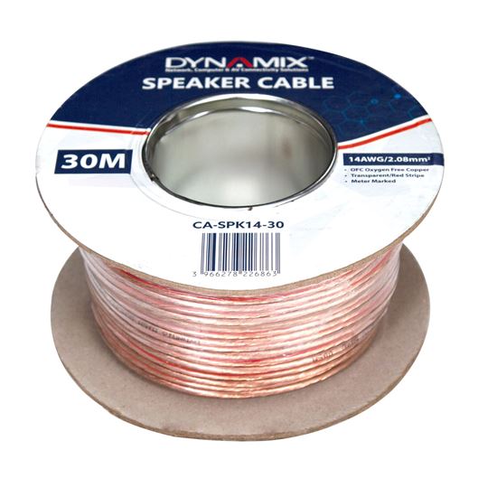 DYNAMIX 30m 14AWG/2.08mm Speaker Cable, OFC 42/0.25BCx2C, Clear PVC Insulation