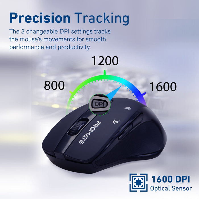 PROMATE EZGrip Ergonomic Wireless Mouse with Quick Forward/Back Buttons. 800/120