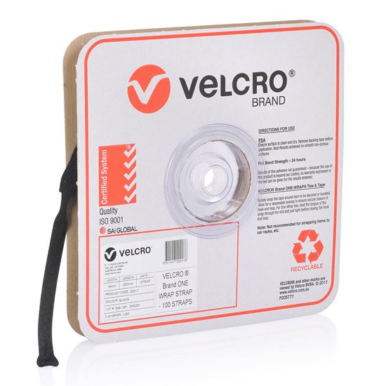 VELCRO One-Wrap 19mm x 200mm Pre-sized Ties. 100 Ties per Roll. Integrated Hook