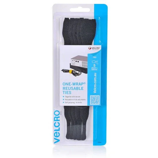 VELCRO Brand 25mm x 200mm ONE-WRAP Reusable Hook & Loop 5 Pack Cable Ties. Self - LX2001 - Homewares, Outdoor, Phone Accessories, Cases, Speakers, Headphones + More -