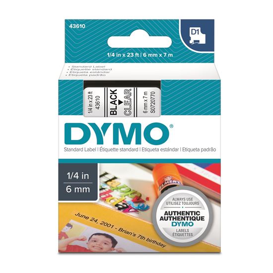 DYMO Genuine D1 Label Cassette Tape 6mm x 7M; Black on Clear Suitable for the La