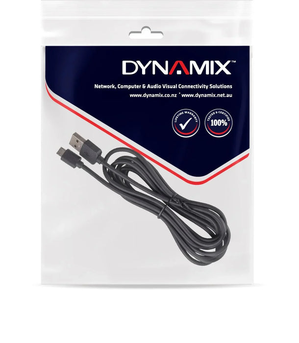 DYNAMIX 3m USB 2.0 Micro-B Male to USB-A Male Connectors. Colour Black. - LX2001 - Homewares, Outdoor, Phone Accessories, Cases, Speakers, Headphones + More -