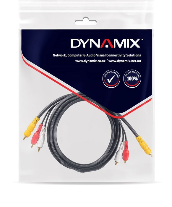 DYNAMIX 10m RCA Audio Video Cable, 3 to 3 RCA Plugs. Yellow RG59 Video, standard