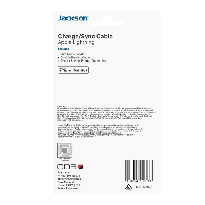 JACKSON 1.5m MFI Certified Apple USB-A to Lightning Data and Charge Cable - LX2001 - Homewares, Outdoor, Phone Accessories, Cases, Speakers, Headphones + More -