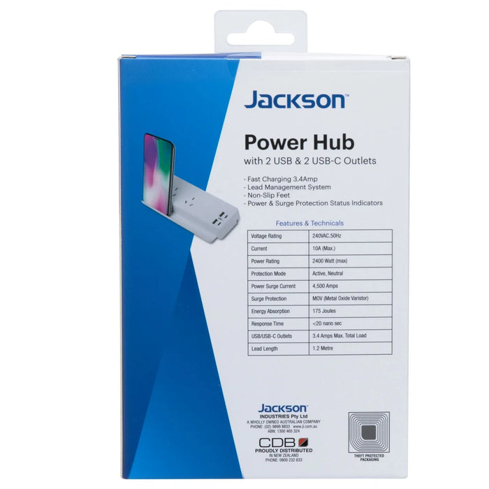 JACKSON 10A Power Hub with 2x USB-A, 2x USB-C Ports & 2x 3Pin Power Outlets - LX2001 - Homewares, Outdoor, Phone Accessories, Cases, Speakers, Headphones + More -