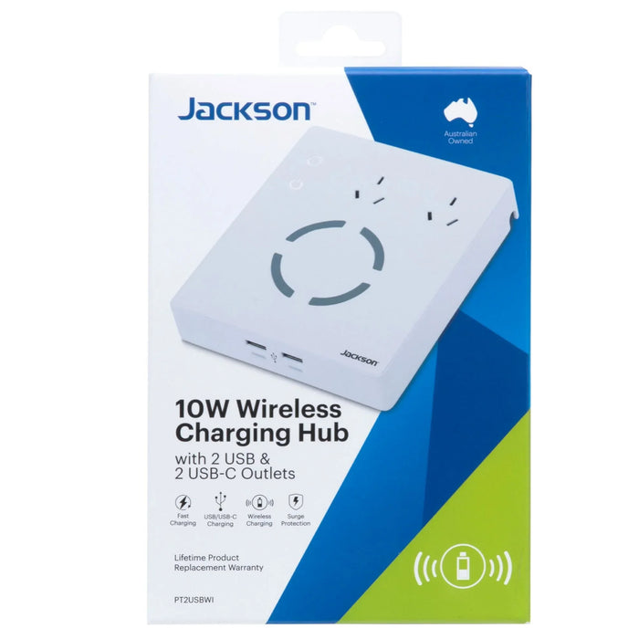 JACKSON 10W Wireless Charging Hub w 2x USB 2x USB-C Ports 2x 3Pin Power Outlets - LX2001 - Homewares, Outdoor, Phone Accessories, Cases, Speakers, Headphones + More -