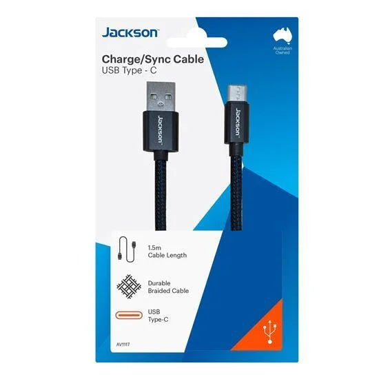 JACKSON 1.5m USB-A to USB-C Sync & Charge Cable Braided Black - LX2001 - Homewares, Outdoor, Phone Accessories, Cases, Speakers, Headphones + More -