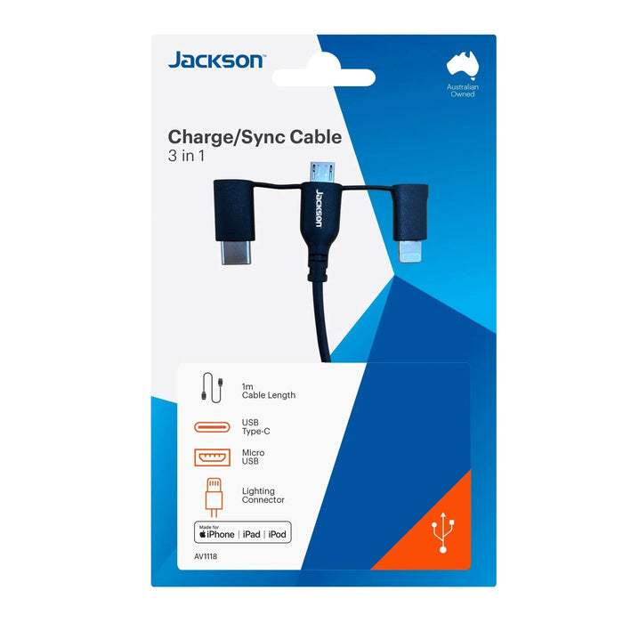 JACKSON 1m MFi Certified Sync & Charge Cable Micro USB USB-C Lightning Black - LX2001 - Homewares, Outdoor, Phone Accessories, Cases, Speakers, Headphones + More -