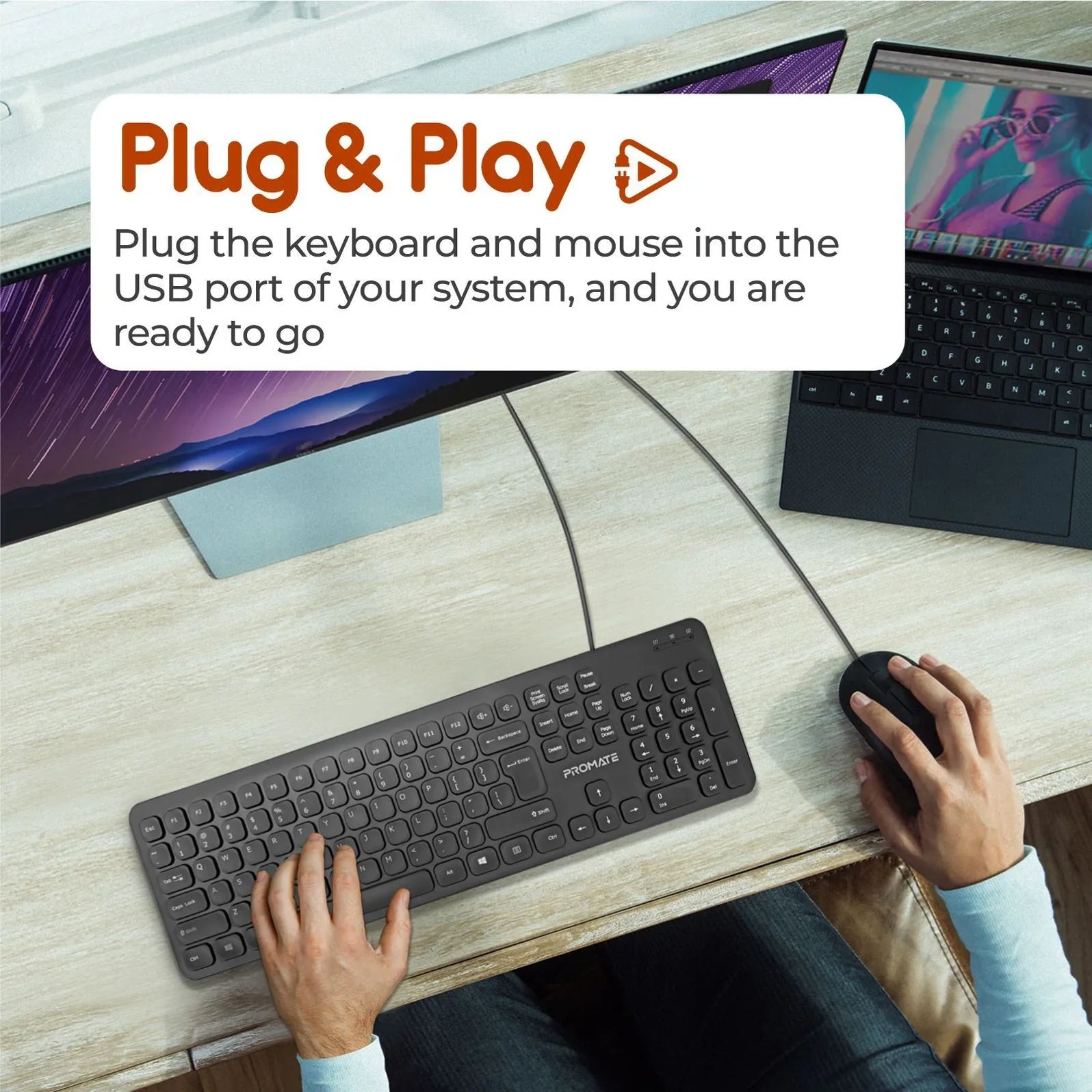 PROMATE Compact Wired Keyboard and Mouse Combo. Full Sized Low Profile ...