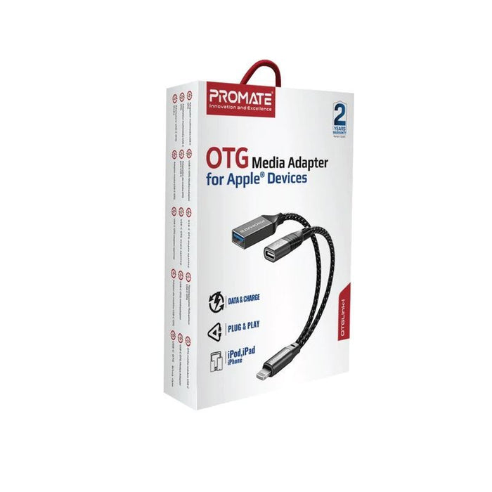 PROMATE OTG Media Adapter for Apple Devices with Lightning Input. Includes USB-A