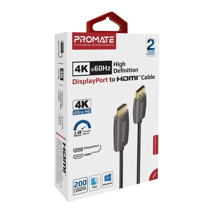 PROMATE 2m DisplayPort to HDMI Cable. Supports Max Res up to 4K@60Hz. Transfer R
