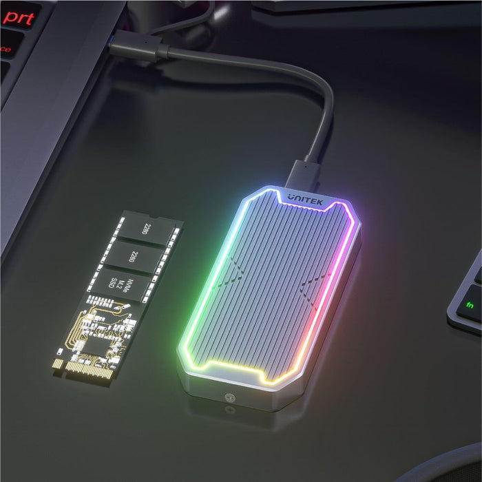 UNITEK USB-C to M.2 SSD Enclosure with RGB Lights in Alloy Housing. Supports USB