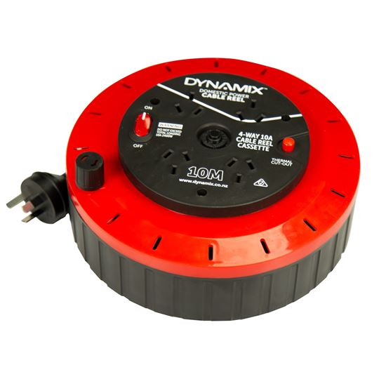 DYNAMIX 10M 4-Way 10A Cable Reel Cassette with DP Switch (on/off) Black