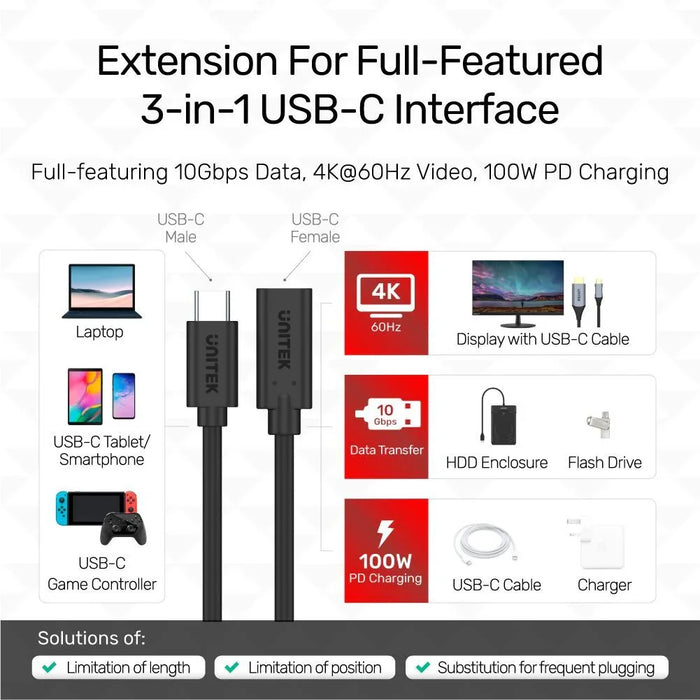UNITEK 1m USB-C 3.1 Male to Female Extension Cable. Supports up to 4K@60Hz,100W/ - LX2001 - Homewares, Outdoor, Phone Accessories, Cases, Speakers, Headphones + More -