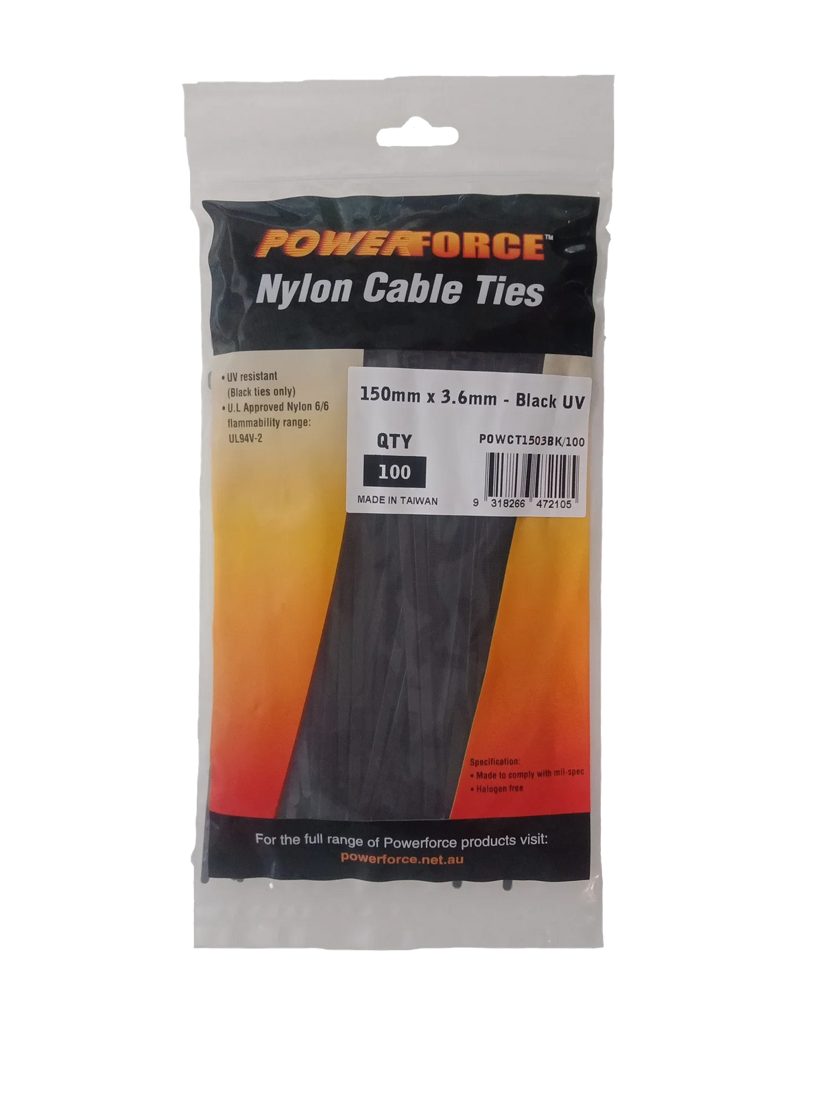 POWERFORCE Cable Tie Black UV 150mm x 3.6mm Weather Resistant Nylon. P ...