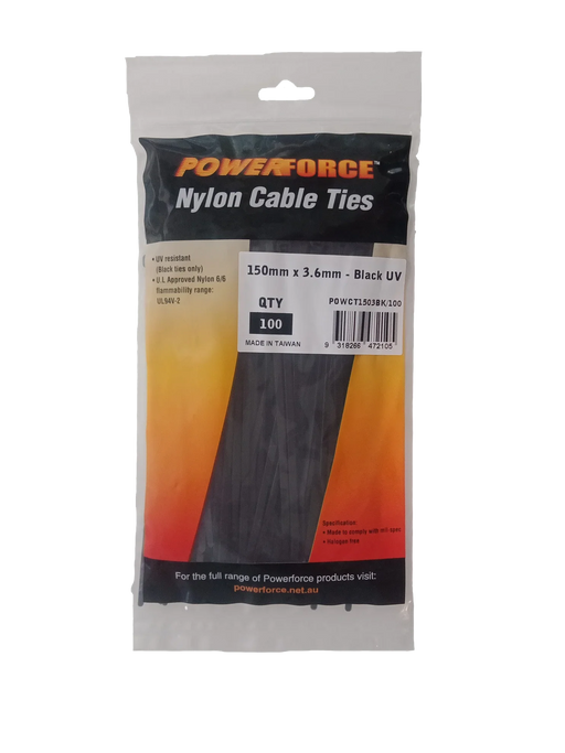 POWERFORCE Cable Tie Black UV 150mm x 3.6mm Weather Resistant Nylon. Pack of 100 - LX2001 - Homewares, Outdoor, Phone Accessories, Cases, Speakers, Headphones + More -
