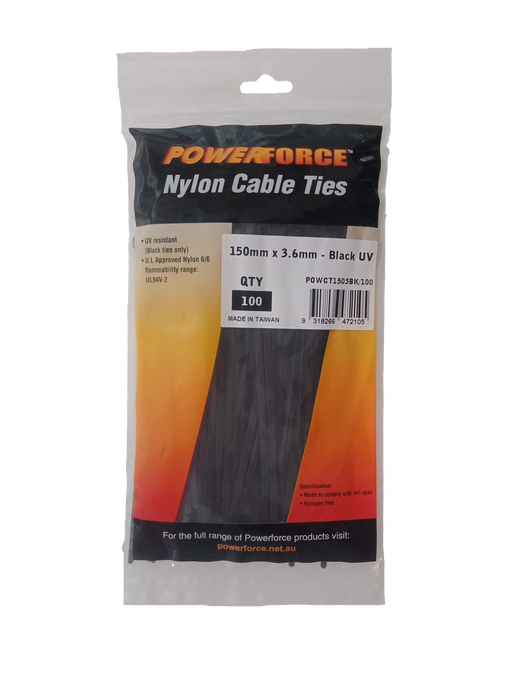 POWERFORCE Cable Tie Black UV 150mm x 3.6mm Weather Resistant Nylon. Pack of 100