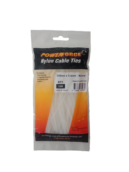 POWERFORCE Cable Tie Natural 150mm x 3.6mm Nylon Pack of 100. Made from U.L. App