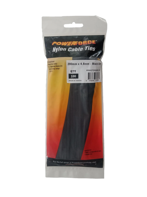 POWERFORCE Cable Tie Black UV 200mm x 4.8mm Weather Resistant Nylon. Pack of 100 - LX2001 - Homewares, Outdoor, Phone Accessories, Cases, Speakers, Headphones + More -