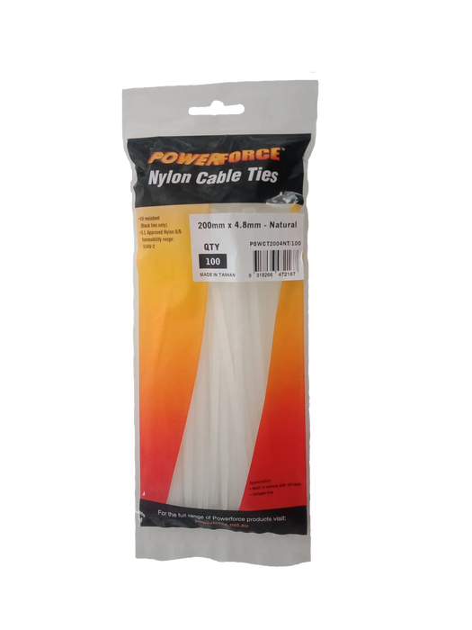 POWERFORCE Cable Tie Natural 200mm x 4.8mm Nylon Pack of 100. Made from U.L. App - LX2001 - Homewares, Outdoor, Phone Accessories, Cases, Speakers, Headphones + More -