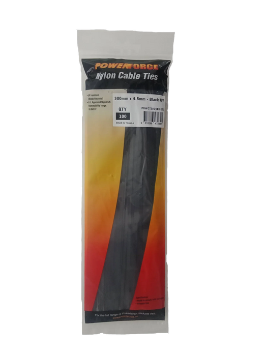 POWERFORCE Cable Tie Black UV 300mm x 4.8mm Weather Resistant Nylon. Pack of 100 - LX2001 - Homewares, Outdoor, Phone Accessories, Cases, Speakers, Headphones + More -