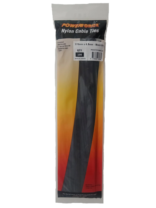 POWERFORCE Cable Tie Black UV 370mm x 4.8mm Weather Resistant Nylon. Pack of 100 - LX2001 - Homewares, Outdoor, Phone Accessories, Cases, Speakers, Headphones + More -