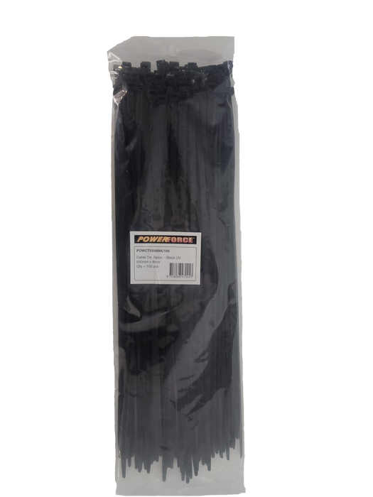 POWERFORCE Cable Tie Black UV 550mm x 8mm Weather Resistant Nylon. Pack of 100.