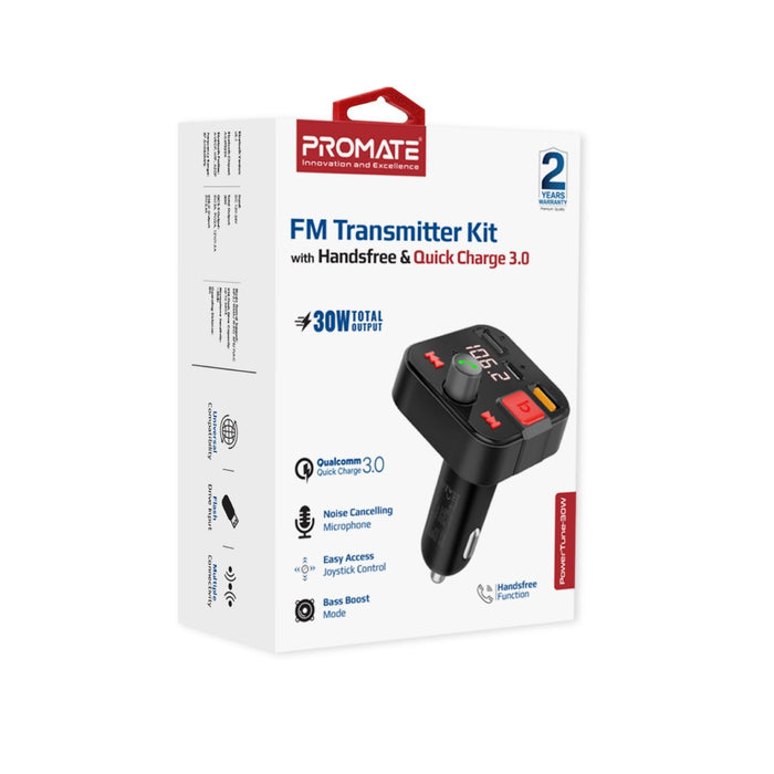 PROMATE Wireless In-Car FM Transmitter with USB-C & USB-A Ports. Hands-Free with
