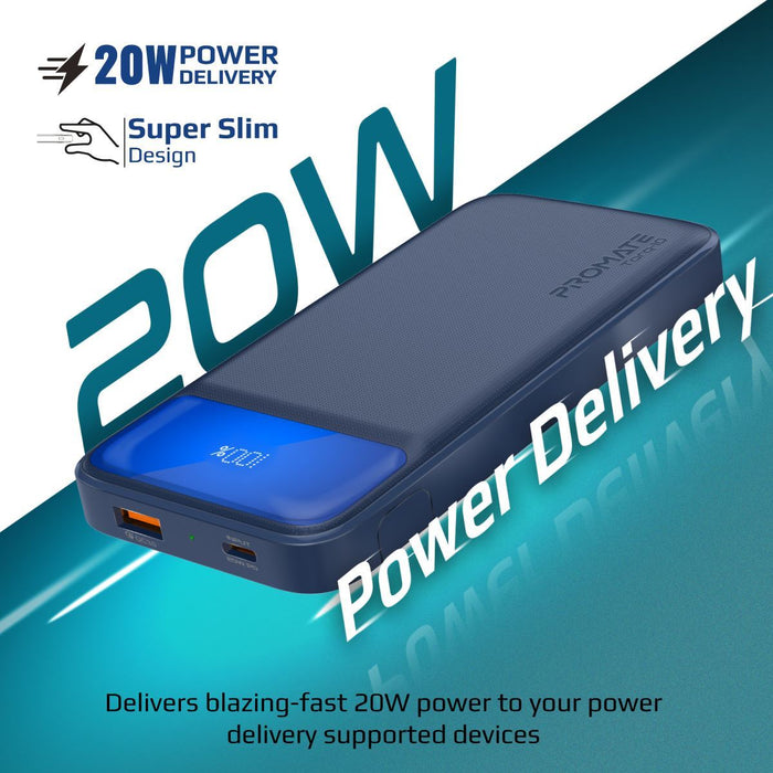 PROMATE 10000mAh Super-Slim Power Bank with Smart LED Display. 1x USB-A & 1x USB