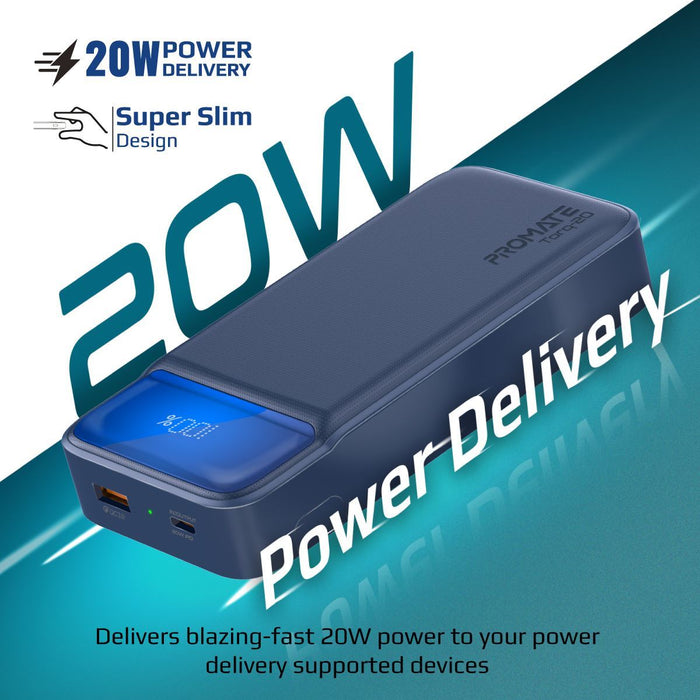 PROMATE 20000mAh Super-Slim Power Bank with Smart LED Display. 1x USB-A & 1x USB
