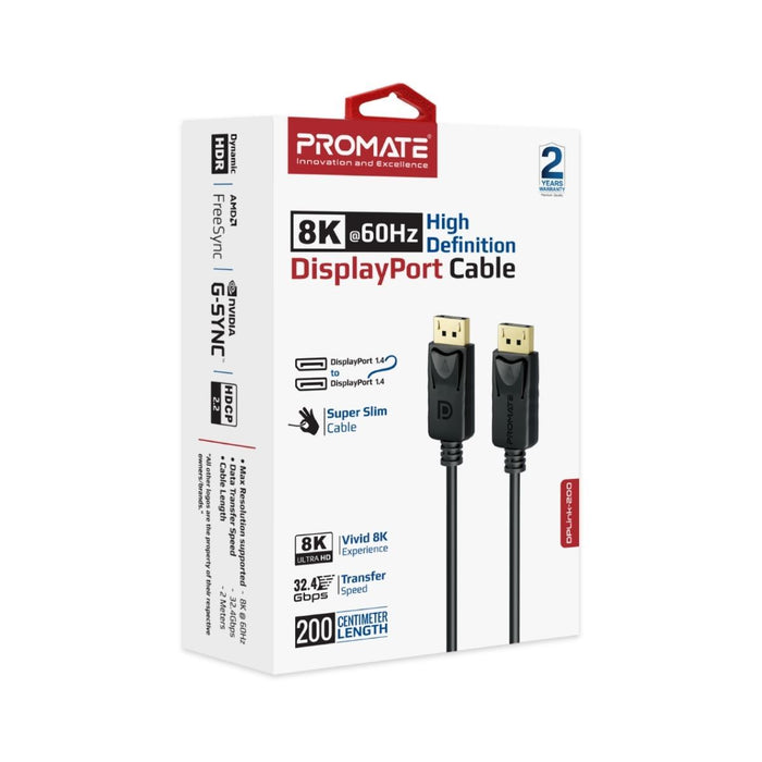 PROMATE 2m 1.4 DisplayPort Cable. Supports HD up to 8K@60Hz. Supports 32.4Gbps D
