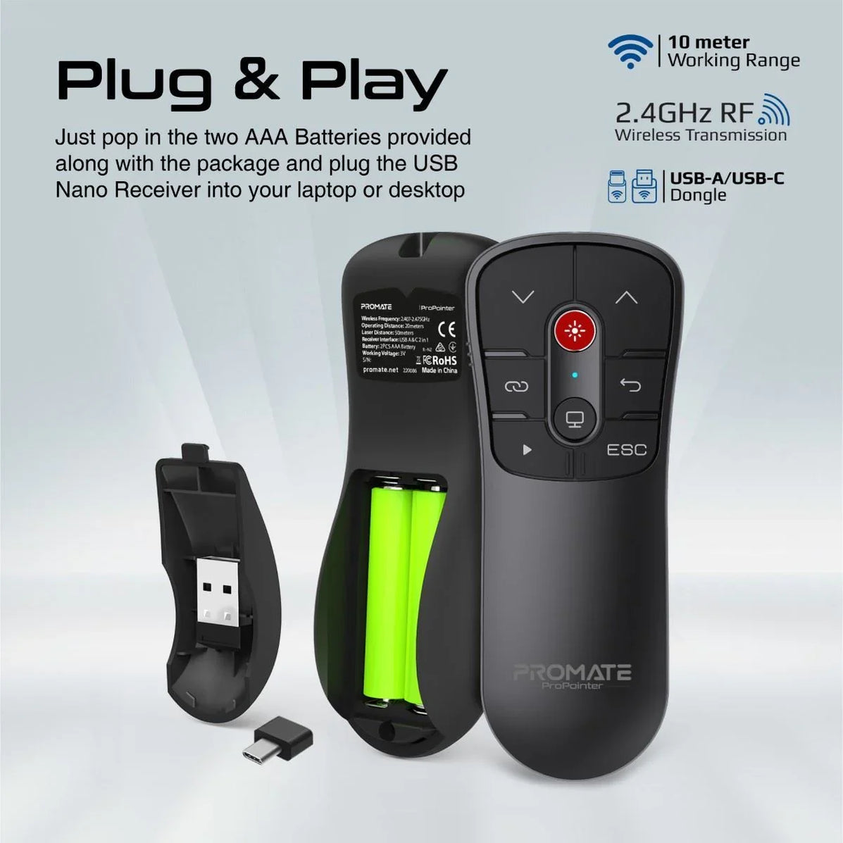 PROMATE Universal Wireless Red Laser Pointer up to 50m Laser Range Inc ...