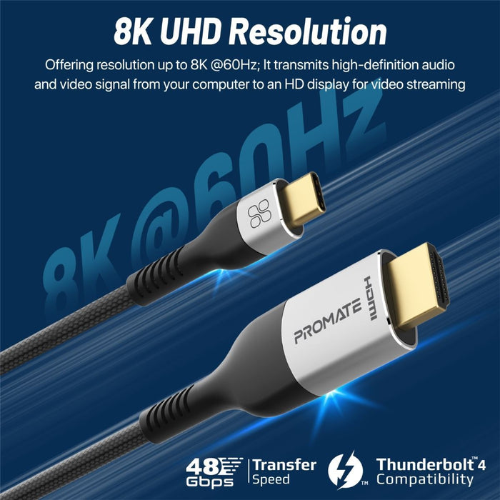 PROMATE 1.8m USB-C to HDMI Cable Supports up to 8K@60Hz UHD Res & 48Gbps Data Tr
