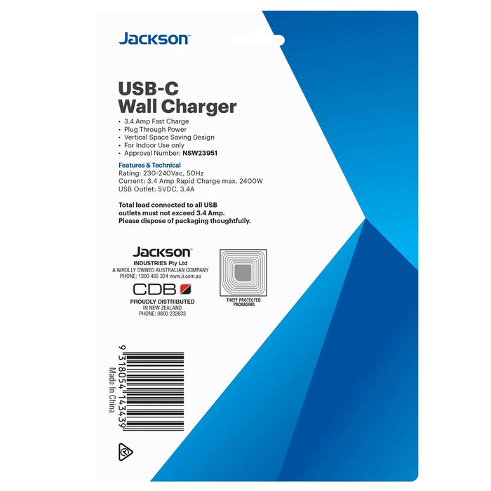 JACKSON USB 3.4A Wall Charger 2x USB & 2x USB-C Ports Plus 1x 3-Pin Socket - LX2001 - Homewares, Outdoor, Phone Accessories, Cases, Speakers, Headphones + More -