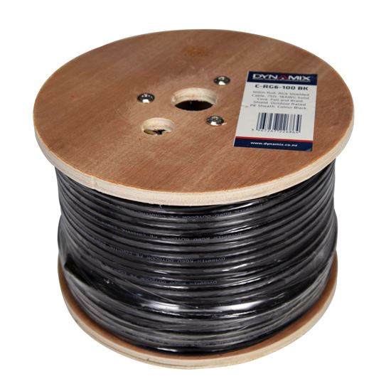 DYNAMIX 100m Roll RG6 Shielded Cable. Black. 75ohm. 18AWG solid core. Foil and b