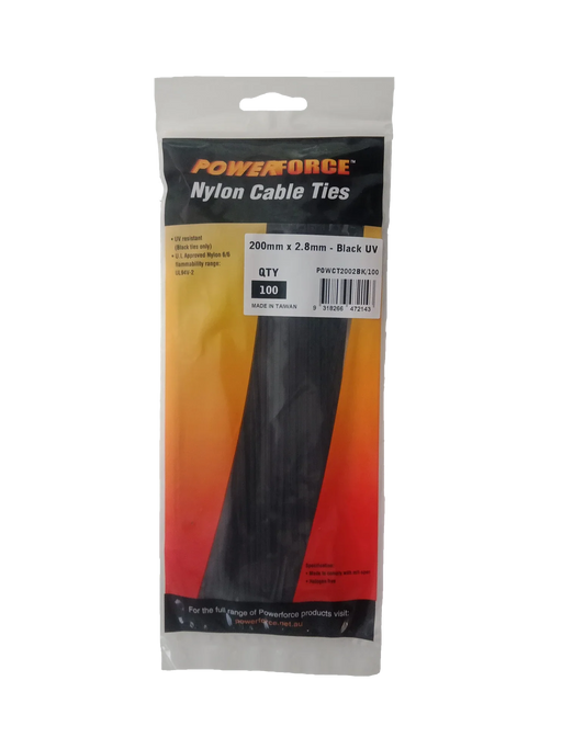POWERFORCE Cable Tie Black UV 200mm x 2.8mm Weather Resistant Nylon. Pack of 100 - LX2001 - Homewares, Outdoor, Phone Accessories, Cases, Speakers, Headphones + More -