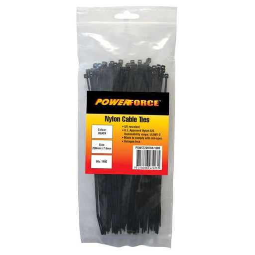 POWERFORCE Cable Tie Black UV 200mm x 7.6mm Weather Resistant Nylon. Pack of 100 - LX2001 - Homewares, Outdoor, Phone Accessories, Cases, Speakers, Headphones + More -