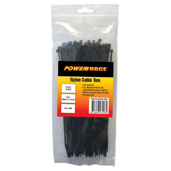 POWERFORCE Cable Tie Black UV 200mm x 7.6mm Weather Resistant Nylon. Pack of 100