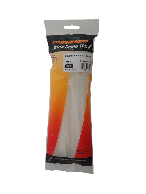 POWERFORCE Cable Tie Natural 200mm x 7.6mm Nylon Pack of 100. Made from U.L. App - LX2001 - Homewares, Outdoor, Phone Accessories, Cases, Speakers, Headphones + More -
