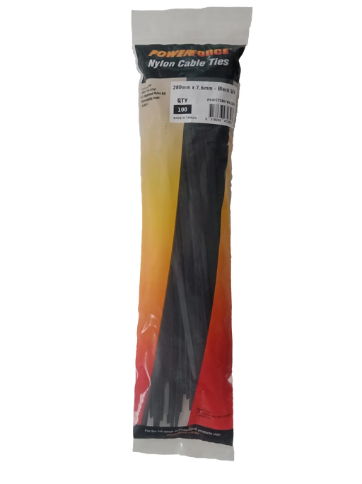 POWERFORCE Cable Tie Black UV 280mm x 7.6mm Weather Resistant Nylon. Pack of 100 - LX2001 - Homewares, Outdoor, Phone Accessories, Cases, Speakers, Headphones + More -